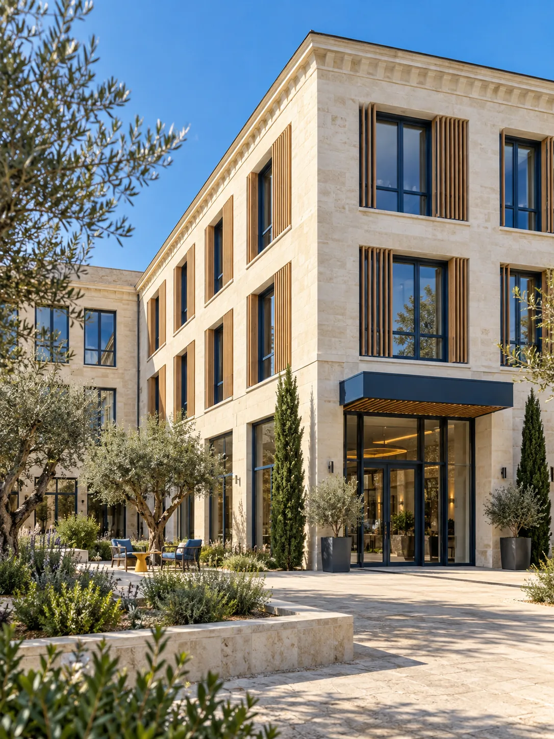Bâtiment professionnel en pierre claire, fenêtres bleues et protections solaires en bois