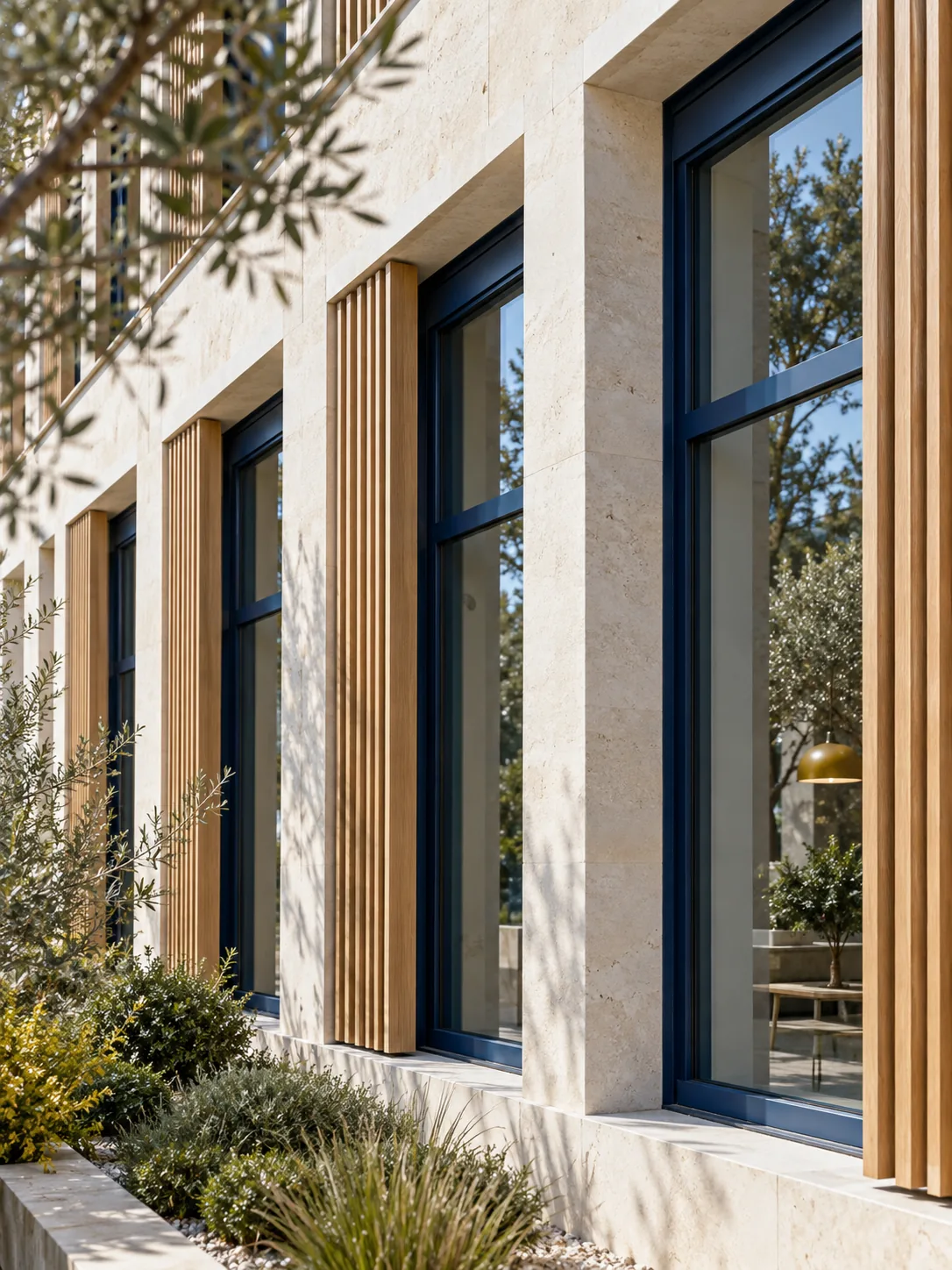 Détail de façade : fenêtres, encadrements en pierre claire et protections solaires en bois