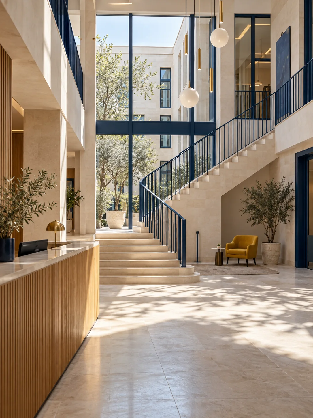 Espace d’accueil professionnel lumineux, escalier en pierre et garde-corps bleu